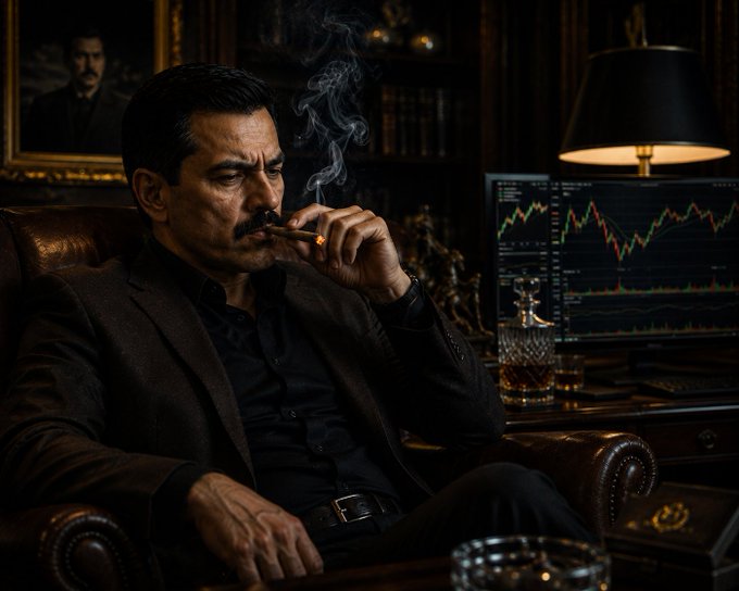 A man in a dark suit smoking a cigar while seated in a leather chair in front of a computer displaying a stock chart.