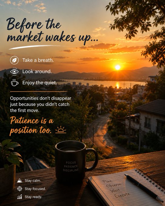 A motivational poster with a sunset landscape featuring text: 'Before the market wakes up... Take a breath. Look around. Enjoy the quiet. Opportunities don't disappear just because you didn't catch the first move. Patience is a position too.'