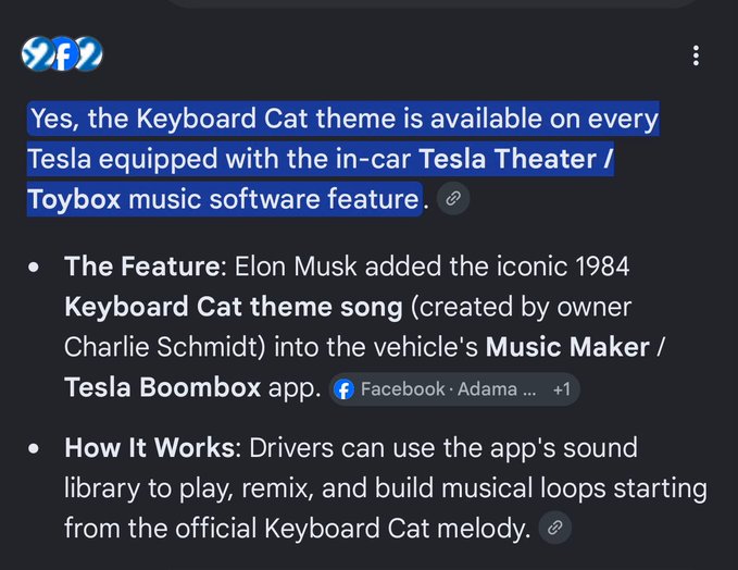 A text post about the 'Keyboard Cat' theme being available on Tesla vehicles with the Tesla Theater / Toybox music software feature, noting Elon Musk added the 1984 song by Charlie Schmidt.