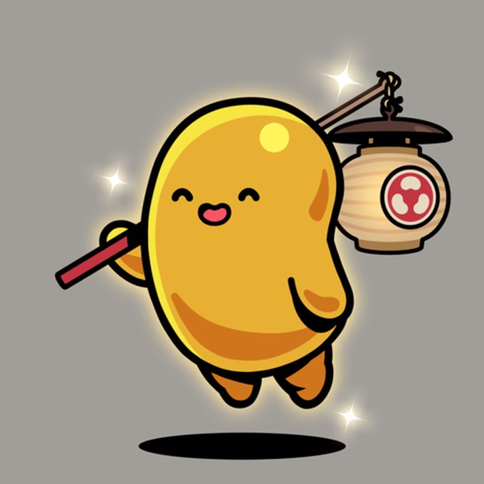 A cute cartoon yellow bean-shaped character with a happy expression carries a glowing paper lantern on a stick, with sparkle effects around it.