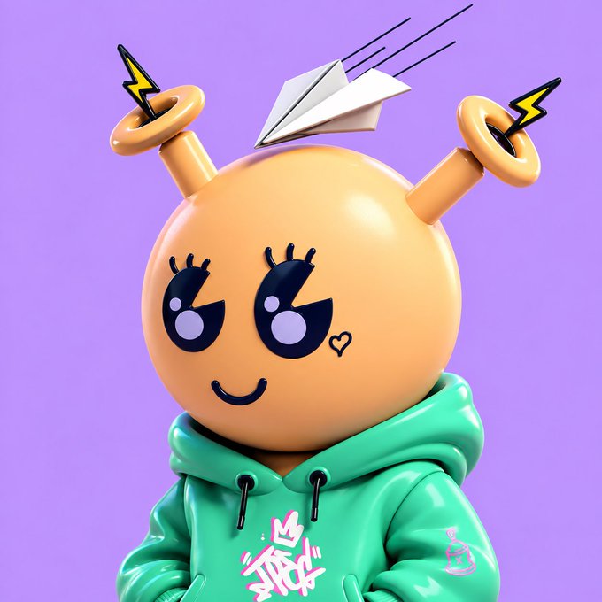 A 3D-rendered orange cartoon character with lightning bolt antennae and a paper airplane on its head, wearing a green hoodie with graffiti-style text.