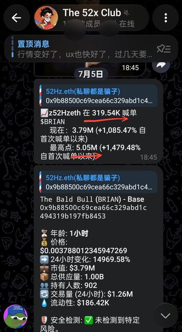 The image shows a Telegram group chat titled "The 52x Club" with pinned messages discussing cryptocurrency trading, specifically highlighting a token called "z52Zheth" available on Uniswap at 319.54K with a current price of 3.79M showing a +1,085.47% increase since its first Uniswap listing. Another message discusses the "The Bald Bull (BRIAN)" token (Base 0x9b88500c69cea66c329abd1c494319b197fb8453), which is only 1 hour old with a price of 0.003788012345947269, showing an astronomical 24-hour change of 14,969.58% and a market cap of $3.79M with 902 holders. This directly relates to the post highlighting the massive gains of $manlet (8x) and $BRIAN (15x) in an extremely volatile memecoin market.