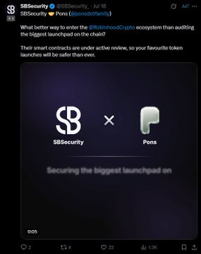 A Twitter/X post from SBSecurity promotes a partnership with Pons on the Robust Hood Crypto ecosystem, describing them as "the biggest launchpad on the chain!"