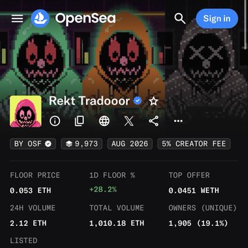 An OpenSea NFT marketplace page for a collection called 'Rekt Tradooor' showing stats including a floor price of 0.053 ETH, 24H volume of 2.12 ETH, and a total volume of 1,010.18 ETH.