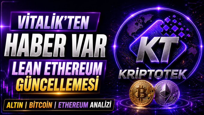Turkish crypto promotional banner by Kriptotek titled 'VİTALİK'TEN HABER VAR - LEAN ETHEREUM GÜNCELLEMESİ' featuring Bitcoin and Ethereum coins with analysis tags for Gold, Bitcoin, and Ethereum.