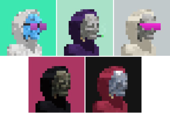 Pixel art style image showing five variations of a hooded skeletal figure with a glowing nose, arranged in different color palettes.
