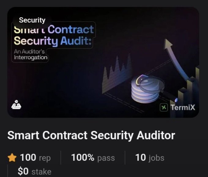 A profile card for a 'Smart Contract Security Auditor' showing 100 rep, 100% pass rate, and 10 jobs with $0 stake.
