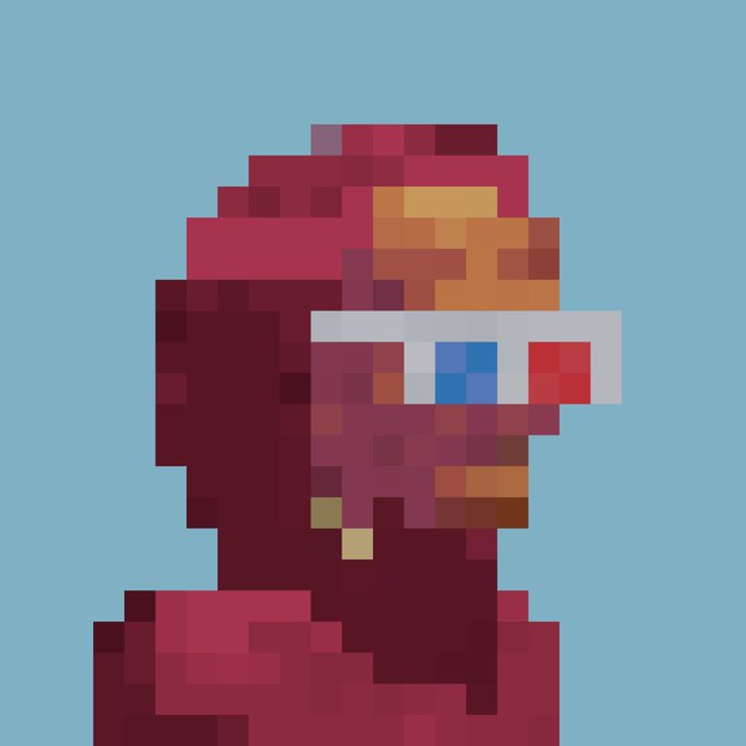 Pixel art of a red figure wearing futuristic white and red sunglasses with a blue center, set against a solid light blue background.