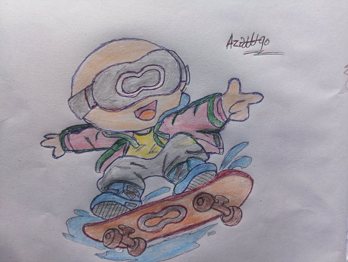 Hand-drawn colored illustration of a cheerful child wearing goggles, a colorful jacket, and snow gear while riding a skateboard on water, signed 'Azad990'.