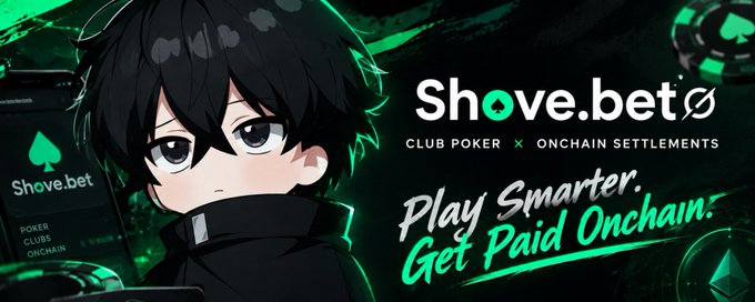 A chibi-style anime character appears alongside the Shove.bet logo, which promotes "Club Poker × Onchain Settlements" with the tagline "Play Smarter. Get Paid Onchain." The image visually reinforces the post's message about how Shove.bet addresses the complicated settlement side of poker by integrating club poker gameplay with blockchain-based payouts.