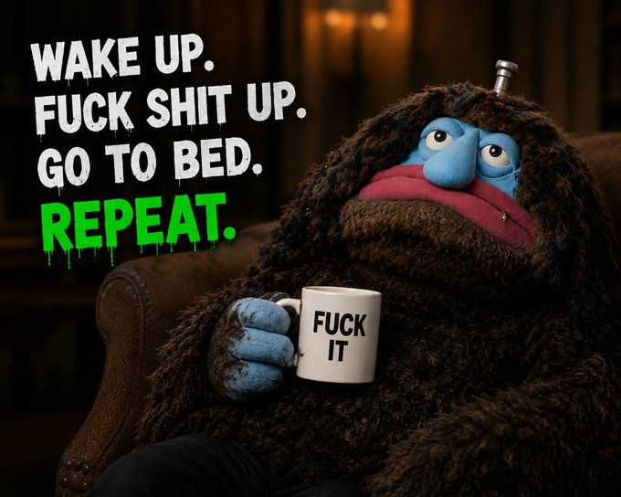 A blue furry creature with messy hair and a weary expression sits in a leather armchair holding a coffee mug reading "FUCK IT," with graffiti-style text declaring "WAKE UP. FUCK SHIT UP. GO TO BED. REPEAT."—capturing the carefree, no-regrets $FUCKIT crypto hustle energy described in the post.
