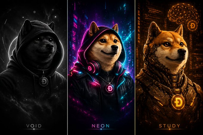 A triptych showcasing Shiba Inu dogs styled in three distinct aesthetics—"VOID," "NEON," and "STUDY"—each wearing a doge coin medallion to represent Dogecoin ($DOGE) themes.