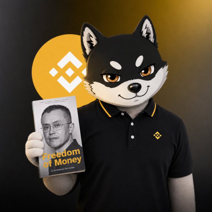 A person wearing a black and white Shiba Inu dog mask and a black polo shirt with a Binance logo holds up the book 'Freedom of Money' by CZ and Binance: The Journey, with the Binance logo in the background.