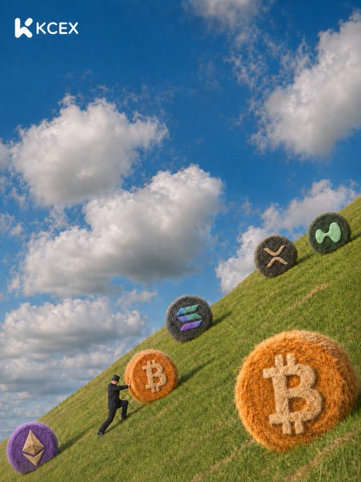 KCEX promotional image showing a man pushing a large hay bale with the Bitcoin logo uphill, with smaller hay bales featuring other cryptocurrency logos (Solana, XRP, and a teal coin) at the top of the hill under a cloudy blue sky.