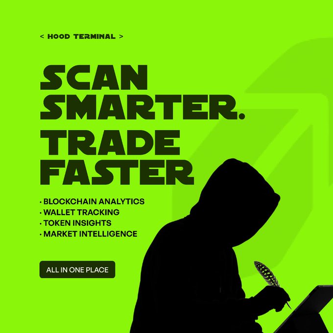 A neon green promotional graphic for "Hood Terminal" features the bold headline "SCAN SMARTER. TRADE FASTER." alongside bullet points listing "Blockchain Analytics, Wallet Tracking, Token Insights, Market Intelligence," and an "ALL IN ONE PLACE" button, visually reinforcing the post's announcement of the platform's risk intelligence tool for token analysis and scam protection, powered by $HOOT.