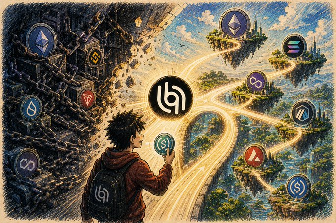 An illustrated scene shows a young person holding a coin with a logo, standing at a crossroads where glowing paths lead to floating islands displaying various cryptocurrency logos including Ethereum, Solana, and others.