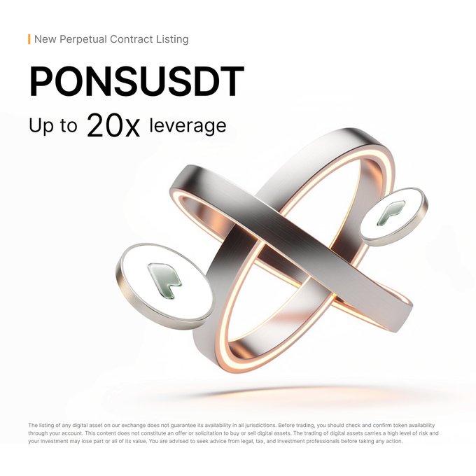 A promotional graphic announcing the new perpetual contract listing for "PONSUSDT" with up to 20x leverage, featuring an image of interlocked metallic rings. It aligns with the post announcing that $PONS is now available for trading on Bybit with up to 20x leverage.