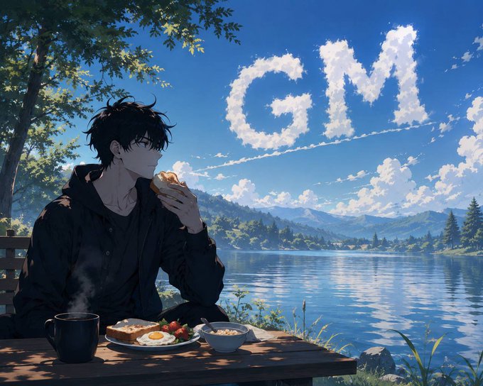 An anime-style illustration of a dark-haired young man eating bread by a lake, with clouds in the sky forming the letters 'GM' (good morning).