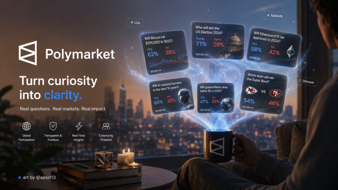 An advertisement for Polymarket featuring the slogan 'Turn curiosity into clarity. Real questions. Real markets. Real impact.' alongside floating prediction market cards on topics like Bitcoin, the US Election, and Ethereum ETFs.
