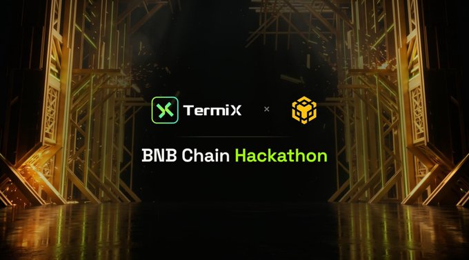 A dark, futuristic event graphic framed by gold sci-fi structures announces “TermiX x BNB Chain Hackathon,” with the TermiX and BNB Chain logos centered above the title.