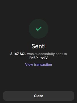 A confirmation screen showing a successful transaction of 3.147 SOL sent to wallet address "Fn6P...tvLV" with a "View transaction" link and Close button. This image serves as proof of the giveaway described in the post, demonstrating that 3.147 SOL was actually sent to a recipient's wallet address—used to build credibility and encourage others to drop their wallet addresses for a chance to receive similar crypto gifts.