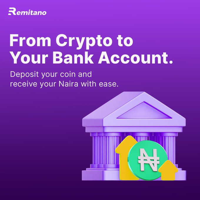 A Remitano advertisement with the text "From Crypto to Your Bank Account. Deposit your coin and receive your Naira with ease," featuring an illustration of a bank with a Naira symbol.