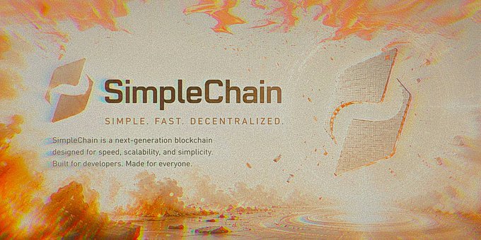 The image is a promotional banner for **SimpleChain**, featuring its tagline *"Simple. Fast. Decentralized."* and a description: *"SimpleChain is a next-generation blockchain designed for speed, scalability, and simplicity. Built for developers. Made for everyone."* The artistic design uses warm orange and peach watercolor-style visuals with geometric logo elements on either side of the text, reinforcing the post's message of a trustworthy, developer-friendly blockchain offering services like Granular Data Oracle, Smart Legal Compliance (SLC), Trusted Data Space (TDS), and Compliance-as-a-Service (CaaS).