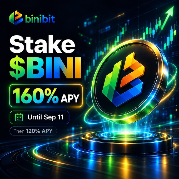 A cryptocurrency advertisement for 'binibit' promotes 'Stake $BINI' with '160% APY' 'Until Sep 11' and 'Then 120% APY' next to a glowing coin graphic.