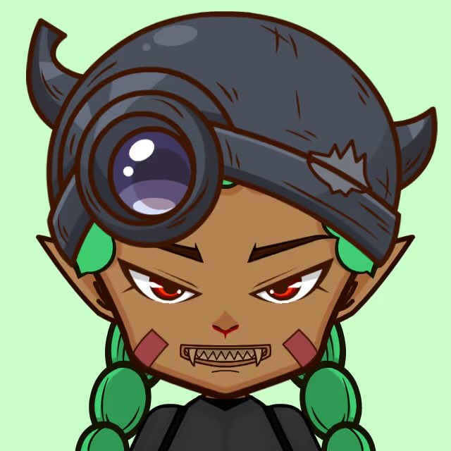 A cartoon avatar of a dark-skinned character with pointed ears, red eyes, sharp teeth, green hair ornaments, and goggles on their forehead.