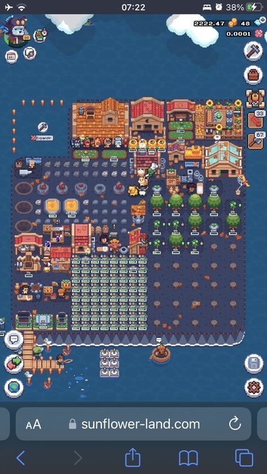 A mobile screenshot of the Sunflower Land farming game displaying a complex player base with crops, buildings, and various NPC characters on an island.