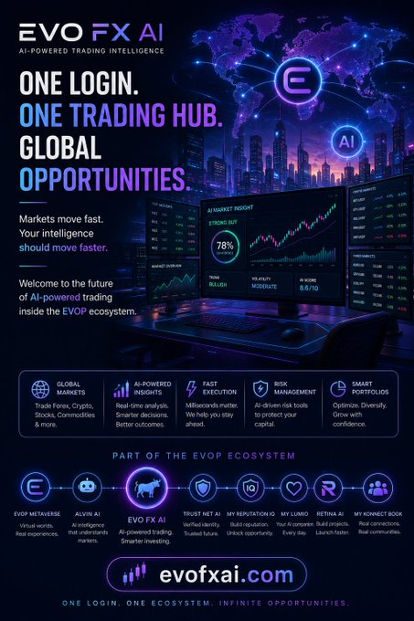 A sleek promotional poster for **EVO FX AI** (evofxai.com), featuring a glowing laptop displaying trading dashboards (e.g., "AI Market Insight," "Strong Buy 78%") against a neon city skyline and world map. It highlights key benefits like **Global Markets**, **AI-Powered Insights**, **Fast Execution**, **Risk Management**, and **Smart Portfolios**, while showcasing its place within the broader **EVOP Ecosystem** (including EVOP Metaverse, Alvin AI, TrustNet.ai, My Reputation, My Lumb, Retina AI, and My Konnect Book). The design reinforces the tagline: *"One login. One trading hub. Global opportunities."*