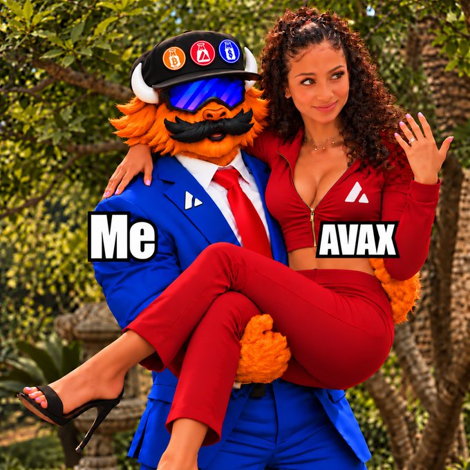 A meme featuring a person in a red outfit labeled "AVAX" being carried by a Bitcoin mascot labeled "Me," symbolizing optimism about AVAX reaching a $200 base case, with AI agents driving Avalanche network growth.