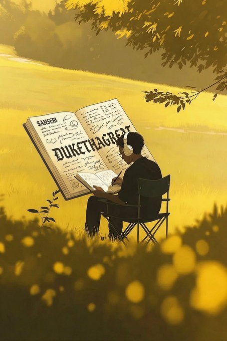 A person wearing headphones reads a large spellbook with "SANSEI" and "DUKE THE GREAT" written across its pages in a golden field, visually alluding to the mystical behind-the-scenes influence of "ANSEM" mentioned in the post—where owning $ANSEM quietly grants power and recognition.