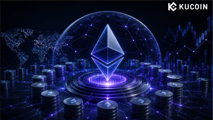 The image features a large, blue, geometric-shaped cryptocurrency token with a globe at its center, surrounded by numerous small black circles representing coins. The text "Kucin" is visible, indicating that this is a part of the KuCoin blog. The image also includes a caption that reads "Focus on what is in the image and how it relates to the post", suggesting that the content may be related to the current state or direction of the cryptocurrency market.