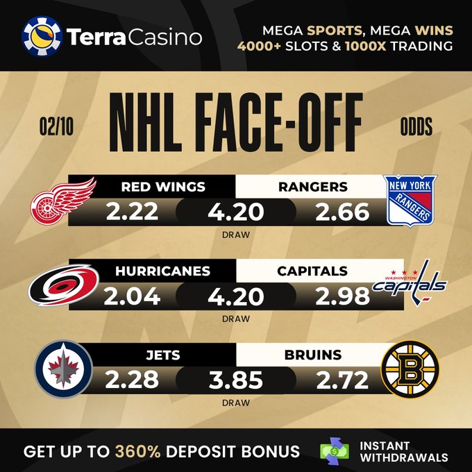 A 'TerraCasino' betting graphic titled 'NHL FACE-OFF' showing odds for games involving the Red Wings, Rangers, Hurricanes, Capitals, Jets, and Bruins.