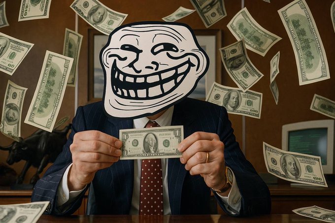 A trollface meme wearing a suit and red tie holds a dollar bill, surrounded by falling $100 bills in an office setting with a computer monitor and bull statue visible.