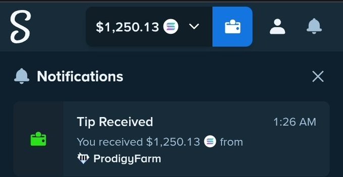 A notification panel displays a $1,250.13 tip received from "ProdigyFarm" at 1:26 AM, with an account balance of $1,250.13 shown at the top. The image supports the post by showing evidence of the incoming funds the user received, which they're now using to fund their giveaway.