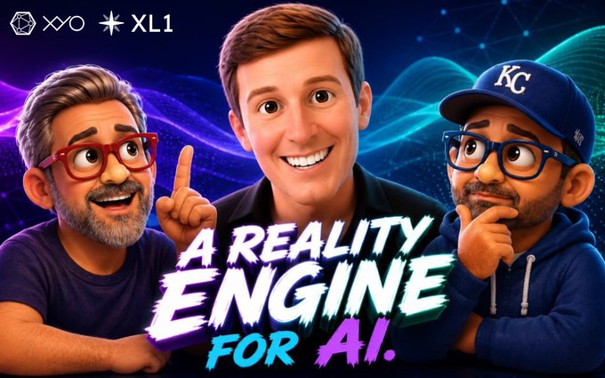 The image features an advertisement for a reality engine game called "A Reality Engine for AI." The three cartoon characters are shown, with one character holding up his finger as if he's giving advice or making a statement related to the game. The text in the image reads "A Reality Engine for AI," and it is accompanied by a logo of a man wearing glasses and a blue shirt.