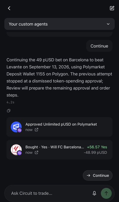 A mobile app interface screenshot showing an AI trading agent conversation about continuing a 49 pUSD bet on Barcelona vs Levante, displaying an 'Approved Unlimited pUSD on Polymarket' action and a 'Bought · Yes · Will FC Barcelona...' transaction.
