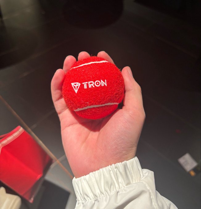 A hand holds a small red felt tennis ball printed with the white "TRON" logo.
