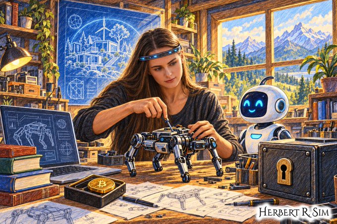 A young woman with a glowing headband assembles a robotic quadruped at a workbench, accompanied by a friendly white AI robot, blueprints, and a Bitcoin-themed box, while signed "Herbert R. Sim." The scene visually embodies the post's theme of individual ownership over emerging technologies like AI, Bitcoin, and brain-computer interfaces, depicting hands-on creative capability rather than passive dependence on centralized systems.