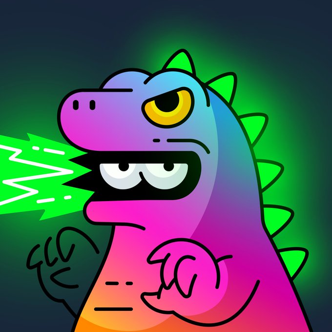 A colorful cartoon dinosaur-like creature with purple, pink, and blue gradients breathes bright green fire against a dark green background.