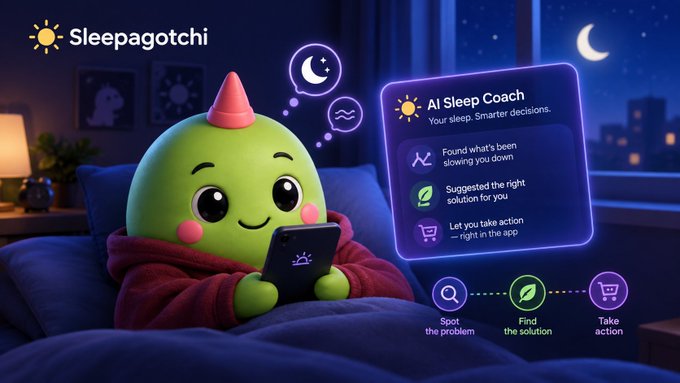 An illustration for 'Sleepagotchi' features a cute green character with a pink cone hat sleeping in bed while holding a smartphone, with a floating panel detailing 'AI Sleep Coach' options.