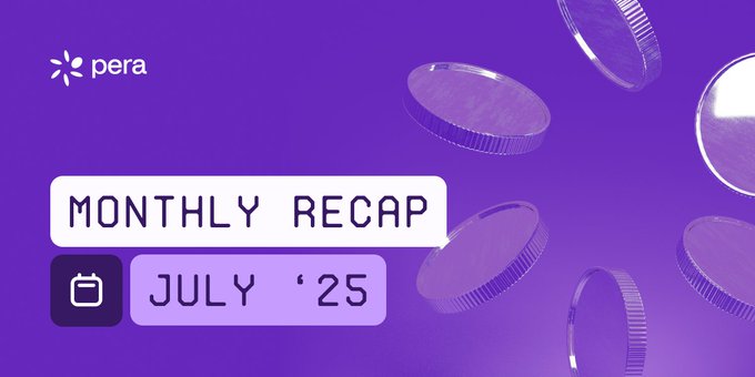 A purple promotional graphic for 'pera' titled 'MONTHLY RECAP' for 'JULY '25', featuring 3D-rendered coins floating in the background.