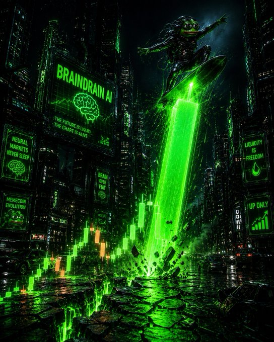 The image features a cityscape at night, with neon green buildings illuminated against a dark sky. A person wearing a helmet is riding a skateboard over a building that has a green light shooting out from its top. The caption of the image reads "Braindrain AI", and it also mentions that there are 3 solutions to brain drain problems: 1) Braindrainai.com, 2) Go to braindrainai.com/meme-sec create an image using the braindrain meme generator, and 3) repost this post with $braindrain in caption.