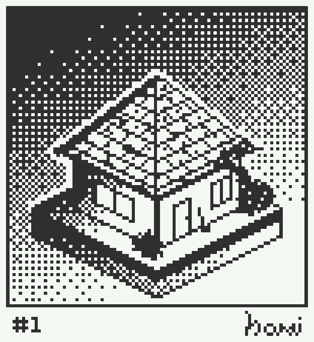 A black and white pixel art illustration of a house with a tiled roof, labeled '#1' and signed 'Houdi' in the bottom right corner.