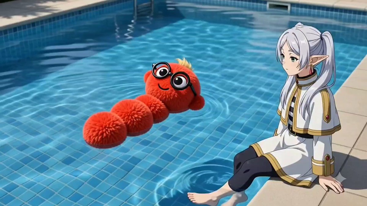 The image features a girl sitting by a swimming pool with an orange fish-shaped plush toy floating next to her. The text in the image reads "The @FuglyEth mint is almost here! June 6, 5 PM UTC on @opensea Mint for only 0.003 ETH 3,000 Supply Btw wen frieren will be get WL?".