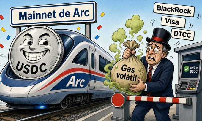 A cartoon illustration showing a USDC coin as a smiling train at the 'Mainnet de Arc' station, with a worried man in a top hat holding a 'Gas Volatil' bag near signs for BlackRock, Visa, and DTCC.
