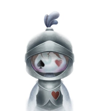 A silver knight chess piece with a feathered helmet and a red heart emblem, with its face replaced by an ace of spades and ace of hearts playing card design.