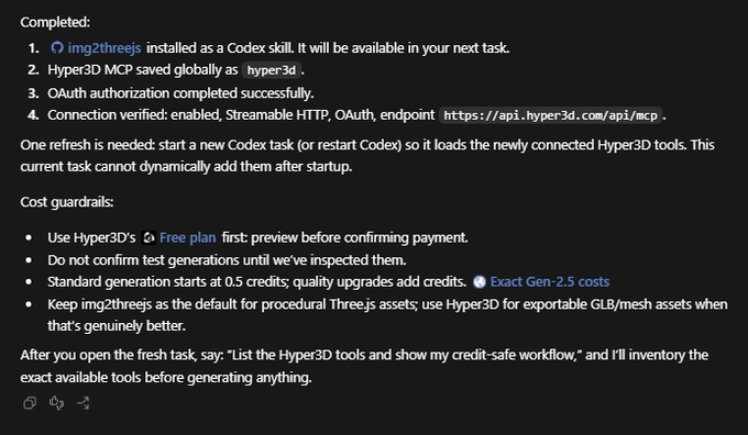 A terminal-style status screen showing completion of Codex tasks including 'img2threejs' installation, Hyper3D MCP save, OAuth authorization, and connection verification at 'https://api.hyper3d.com/api/mcp', along with cost guardrails.
